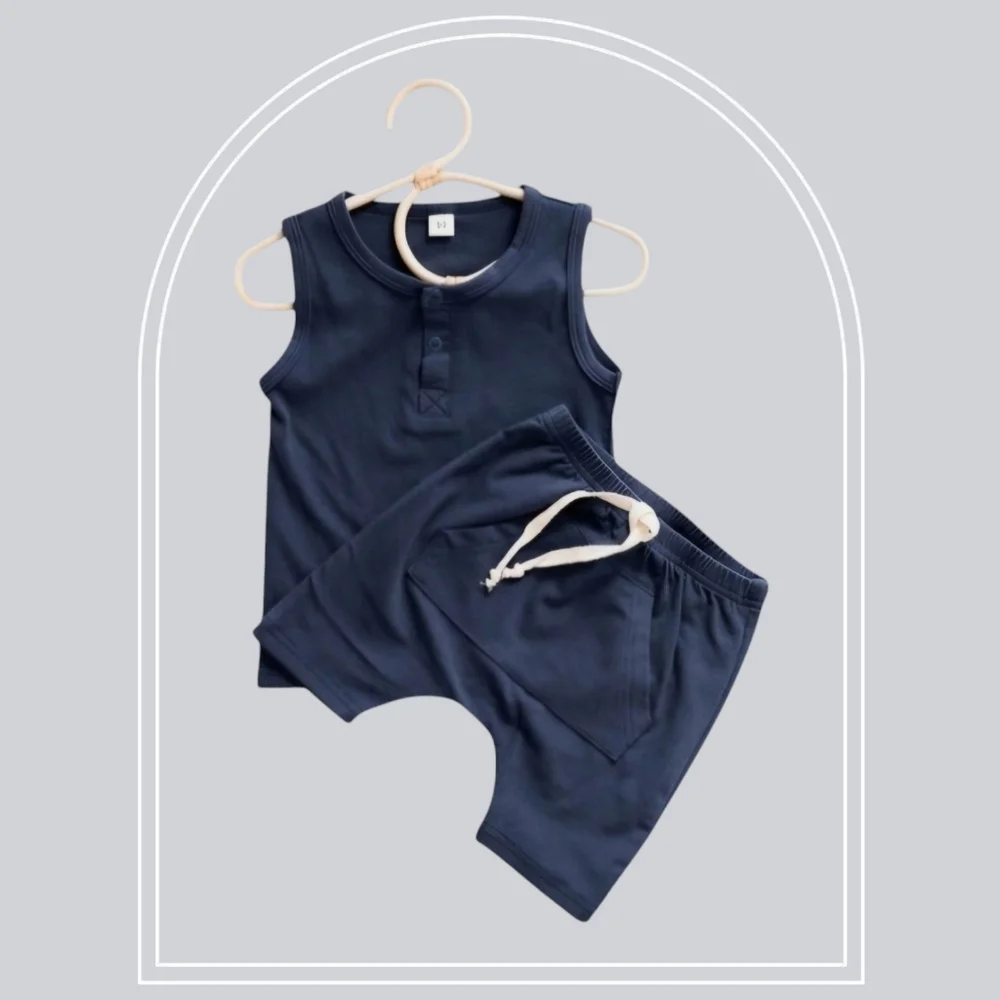Baby Boy Navy Blue Tank Top Shorts Set Summer Beach Vacation Kids Outfit 6-9M